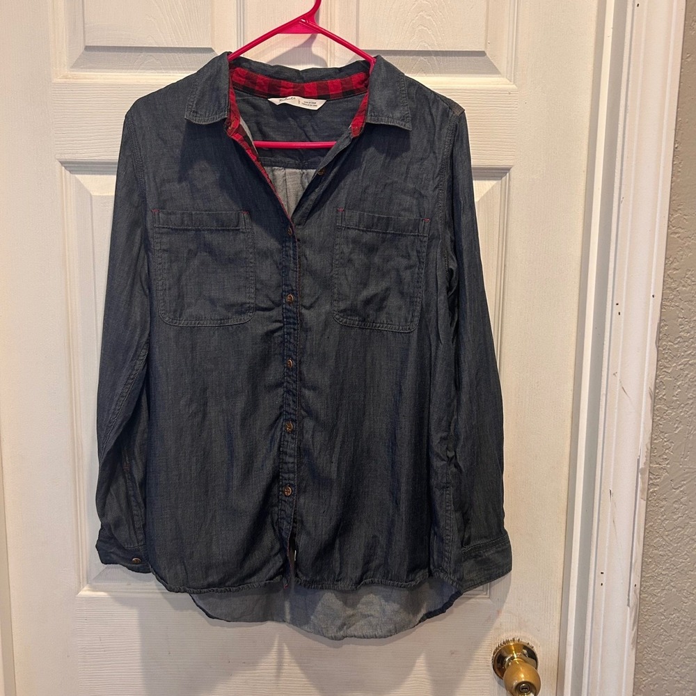 Woolrich Womens Blue Tencel Cotton Button Down Shirt Plaid Trim Large Gorpcore